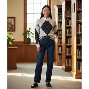 Kaily K Crew Neck Argyle Knit Sweater Academia Preppy Size S